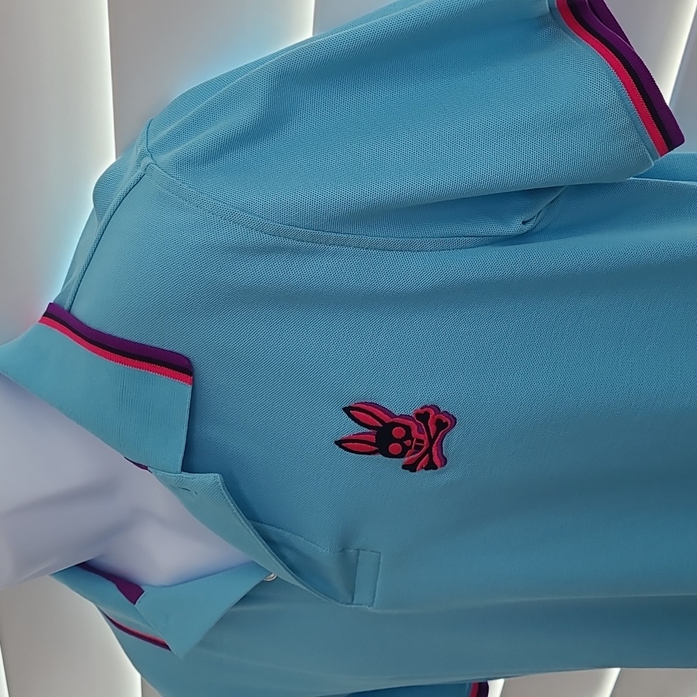 Psycho Bunny Hudson Men's Polo - Sky Blue with Purple & Hot Pink Trim - Picture 8 of 10